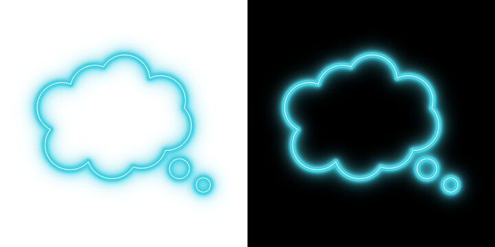 Cyan neon glowing cloud speech bubble thought balloon icon set on a dark black background