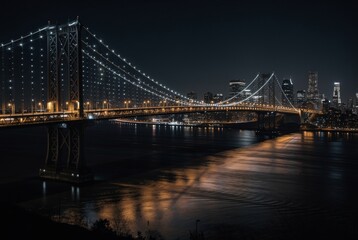 Fototapeta premium Illuminated suspension bridge over water at night with city skyline