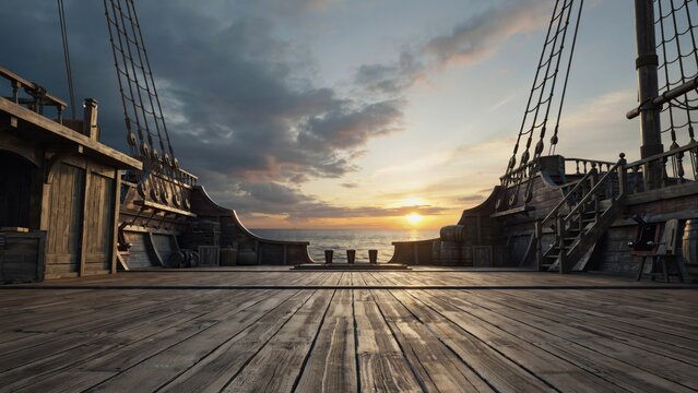 View from the wooden deck of a sailing ship at sunset over the ocean