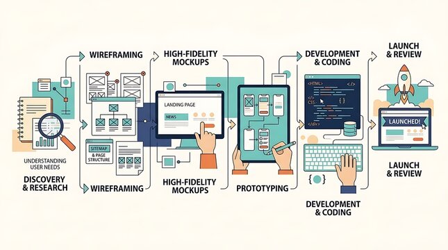 Infographic illustrating the stages of web design and development process