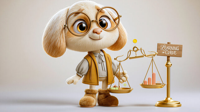 Dreidimensionale Cartoon-Hundefigur mit Brille h&auml;lt ein Schild mit der Aufschrift &bdquo;Learning Curves" und steht neben einer goldenen Waage