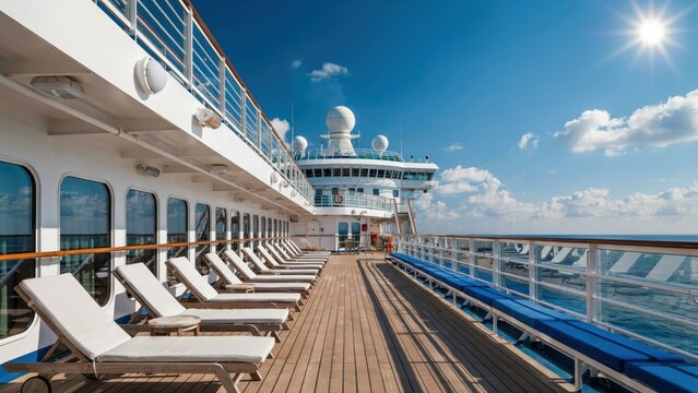 Cruise ship deck with empty lounge chairs on a sunny day at sea