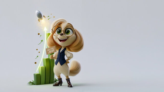 Eine weibliche animierte 3D-Hundefigur in Businesskleidung h&auml;lt ein Schild mit der Aufschrift &bdquo;Record High" und steht neben einem leuchtenden gr&uuml;nen Balkendiagramm