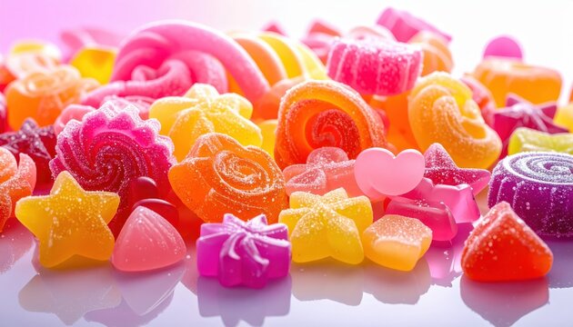 Assorted Fruit Flavored Gummy Candies in Various Shapes and Bright Colors for a Sweet Treat Experience
