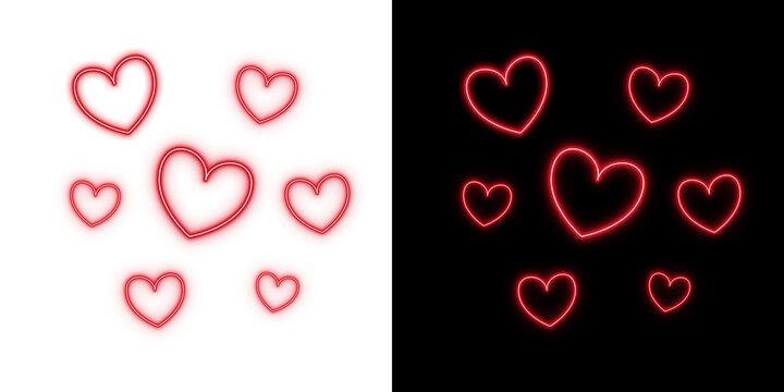 Collection of small red glowing neon hearts floating shapes pattern isolated on dark black background illustration