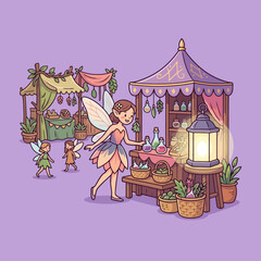 Obraz premium A magical fairy selling potions at a whimsical outdoor market stall