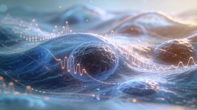 Microscopic view of cellular structures with glowing wave patterns. 3D medical animation of biological signals and energy. Copper peptides and biotechnology concept