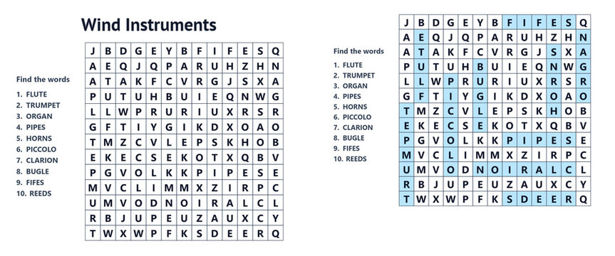 Word search puzzle featuring wind instruments illustrating the concept of fillword puzzle  