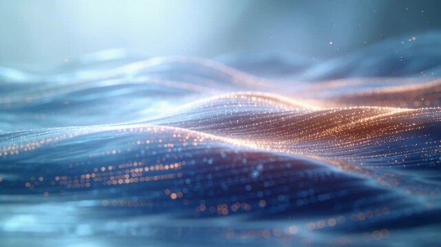 Abstract flowing waves of blue and copper fibers with glowing particles. Digital data transmission and biotechnology concept. 3D animation of rhythmic light trails and energy flow