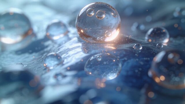 Microscopic view of copper peptides in a skincare serum. Translucent liquid droplets with golden light on a blue fluid surface. Science and biotechnology concept
