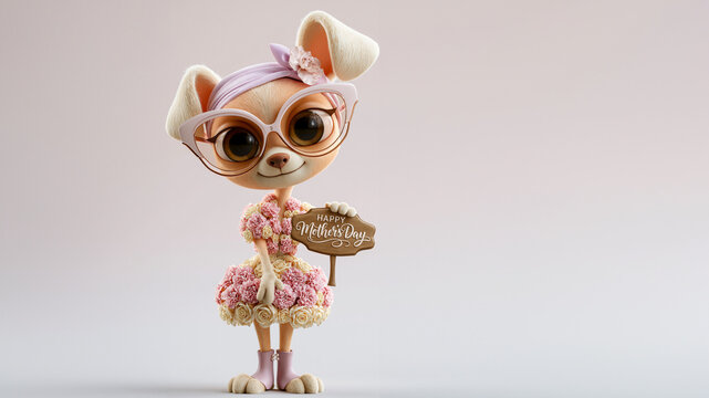 Eine niedliche 3D-animierte Katzenfigur in einem Blumenkleid und mit Brille h&auml;lt ein Schild mit der Aufschrift &bdquo;Happy Mother's Day" vor einem hellen Hintergrund