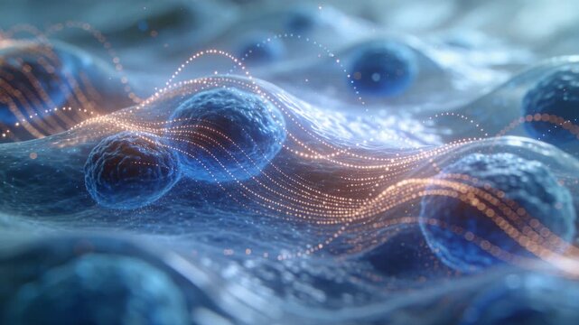Microscopic view of copper peptides interacting with skin cells. Glowing energy waves moving across a blue cellular surface. Biotechnology and skincare rejuvenation concept. 3D animation