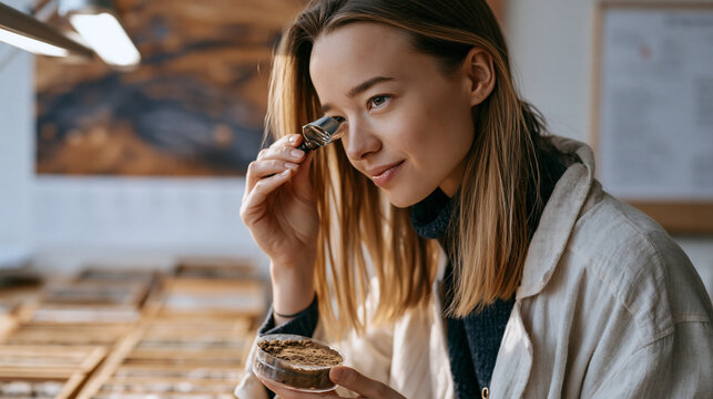 Planetary geologist examines soil sample container designed for Mars return mission, magnifying loupe pressed to eye in geology lab, mission timeline poster visible on wall behind