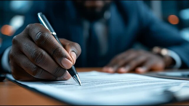 businessman in an office close-up of hands signing