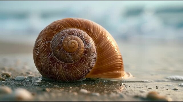 Seashell rests on wet sand near gentle waves