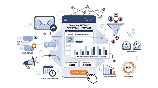 Email marketing campaign manager interface with various icons and statistics