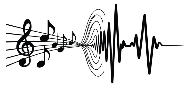 Musical notes transforming into a waveform black and white vector illustration acoustic amplitude art
