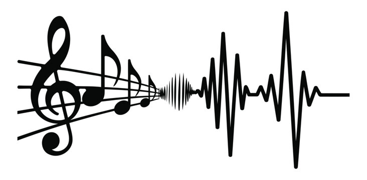 Musical notes transitioning into a waveform silhouette against a white background audio acoustic amplitude