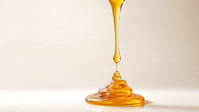 Golden honey pouring and piling up on a white surface