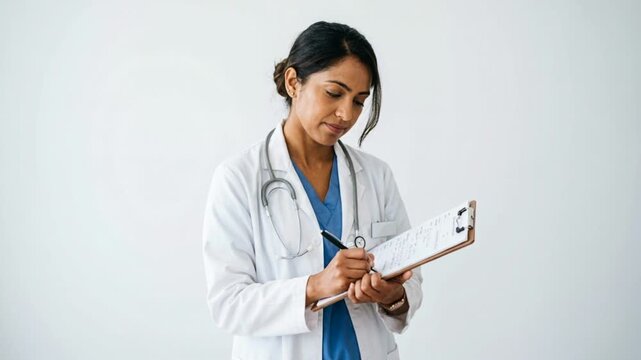 professional female indian doctor smiling while writing medical notes