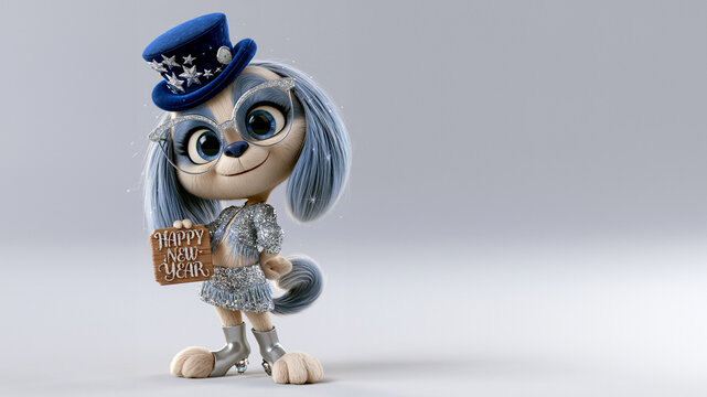 Eine animierte 3D-Fuchsfigur in silbernem Outfit und Hut h&auml;lt ein Schild mit der Aufschrift &bdquo;Happy New Year" vor einem glitzernden Hintergrund.