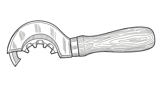 A wrench with adjustable jaws and wooden handle is shown