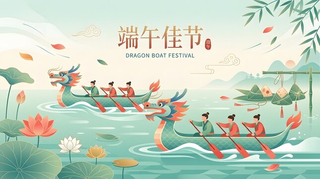 Dragon Boat Festival Illustration With Lotus Flowers And Zongzi Rice Dumplings