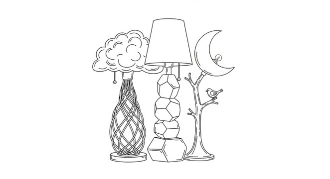 Illustration shows lamps with tree and smiling cloud and moon
