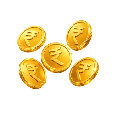 Floating gold Indian rupee coins with currency symbol on transparent background.