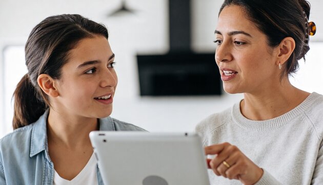 Mother and daughter looking at a tablet together. Woman teaching teenage girl how to use a digital device at home. Education and technology concept