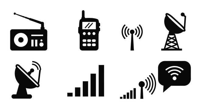 Collection of communication device icons in black silhouette