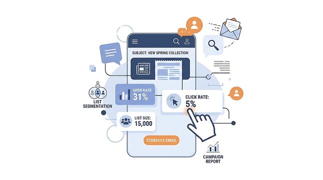Email marketing campaign statistics and workflow on a mobile device screen