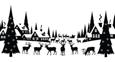 Winter village and reindeer silhouette with snowy trees and smoke black and white silhouette © AfiaIslam
