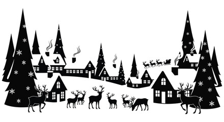 Winter village and reindeer silhouette with santa and sleigh against snowy mountain landscape silhouette © AfiaIslam