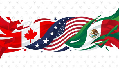 2026 FIFA World Cup Co-Host Countries Flag Banner with Football Pattern Vector Illustration Background © Tanverislam