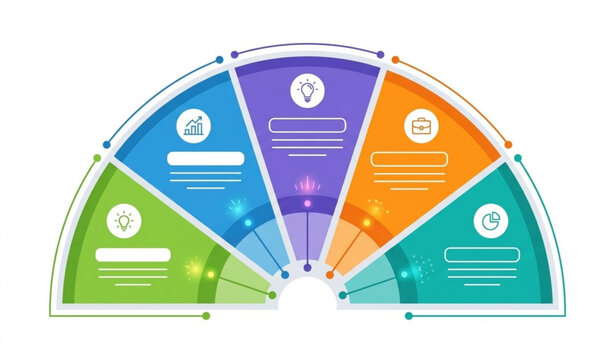 Semicircular Pie Chart Infographic Vector with Five Colorful Startup Feature Segments

