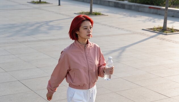 Young woman with red hair walking in an urban plaza with a water bottle. Active female in pink jacket and white pants exercising outdoors. Healthy lifestyle and hydration concept