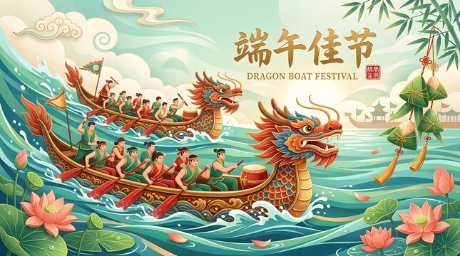 Dragon Boat Festival Illustration With Racing Boats And Lotus Flowers