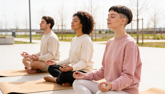 Group of diverse people meditating in an outdoor park. Man and women practicing mindfulness and yoga on mats. Healthy lifestyle and mental wellness concept