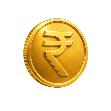 Golden indian rupee coin with currency symbol isolated on transparent background.