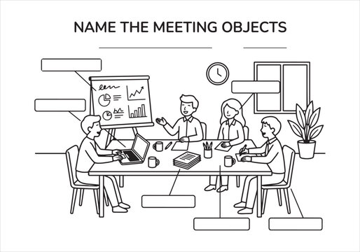 Meeting room objects worksheet for kids educational activity with conference worksheet education activity business classroom