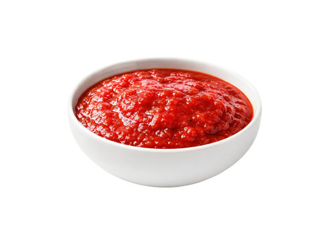 Homemade fresh tomato sauce or ketchup in a white bowl isolated on transparent background.