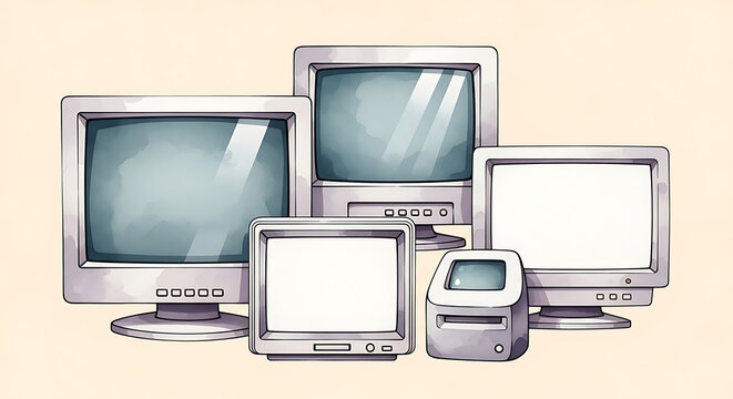 Watercolor of vintage crt monitors and small desktop computer