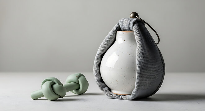 White ceramic vase wrapped in grey fabric with a green knotted dumbbell on a grey surface