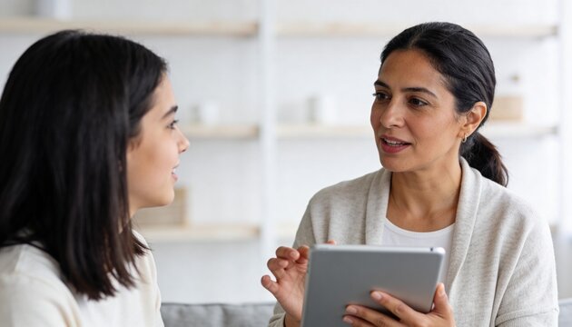 Middle-aged woman talking to a teenage girl while holding a digital tablet. Professional counselor or mother mentoring a young woman at home. Consultation and education concept