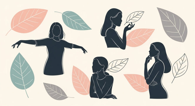 Collection of diverse female silhouettes in various poses surrounded by decorative leaves.