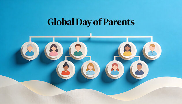 Family tree diagram with diverse people icons on blue background.