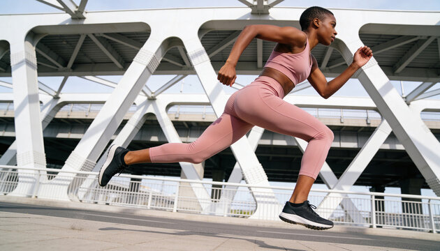 Athletic Black woman sprinting on a modern white bridge. Urban runner in pink sportswear exercising outdoors. Healthy lifestyle and fitness concept