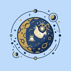 A stylized illustration of a glowing moon in deep space orbit © Irwin