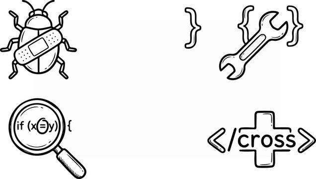 Hand-drawn debugging icons in line art